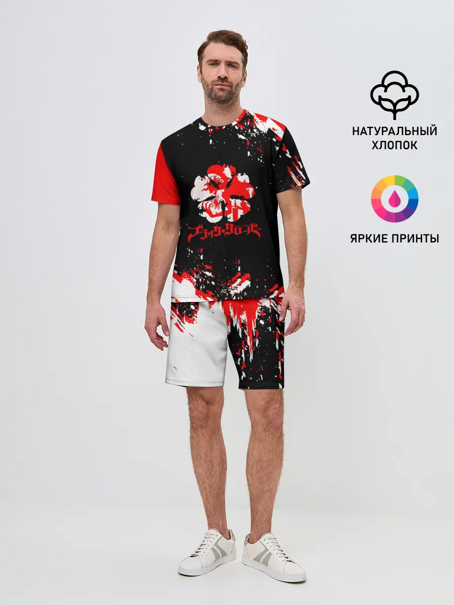 Мужской костюм с шортами / Черный Клевер с ярким красным куском