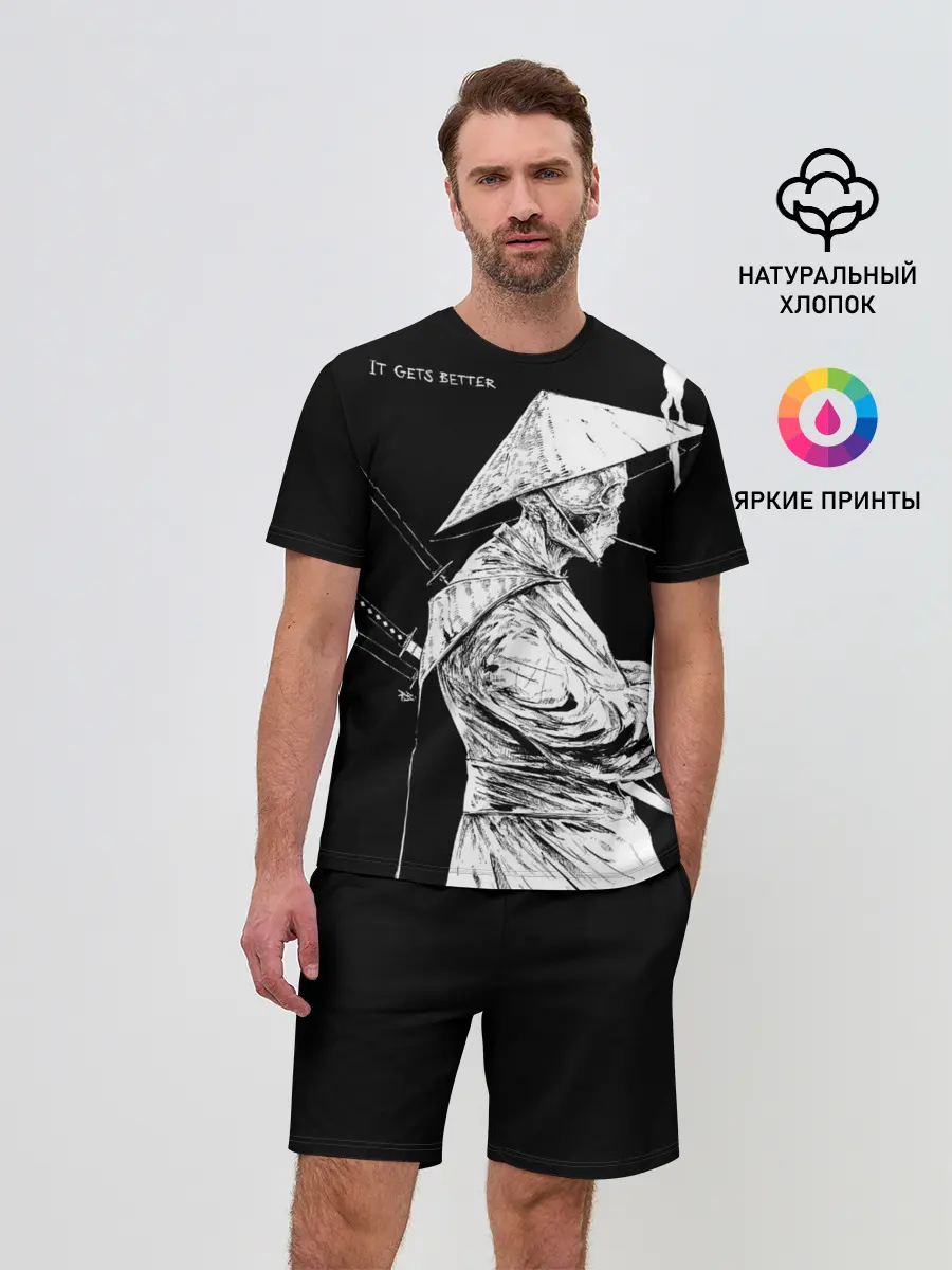 Мужской костюм с шортами / Самурай скелет с трубкой