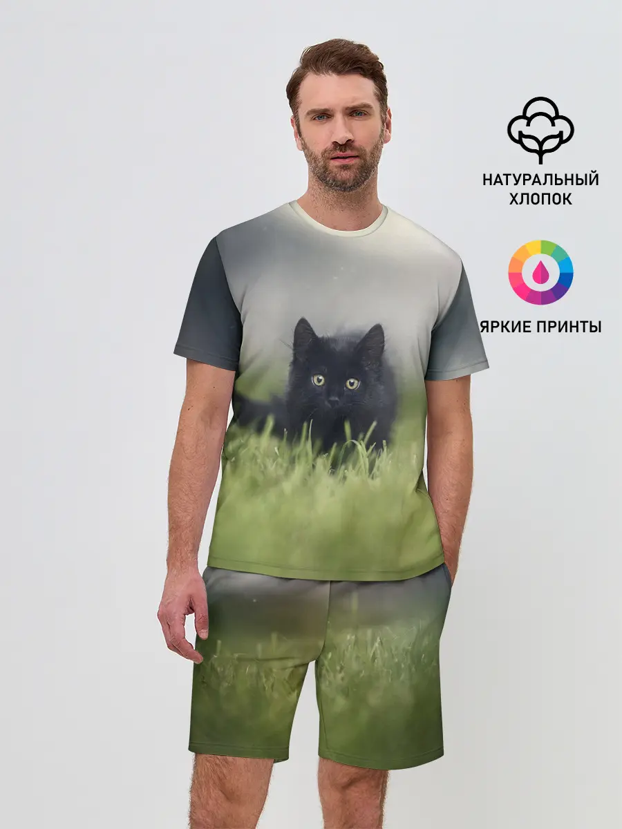 Мужской костюм с шортами / черный кот на лугу