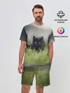 Мужской костюм с шортами / черный кот на лугу