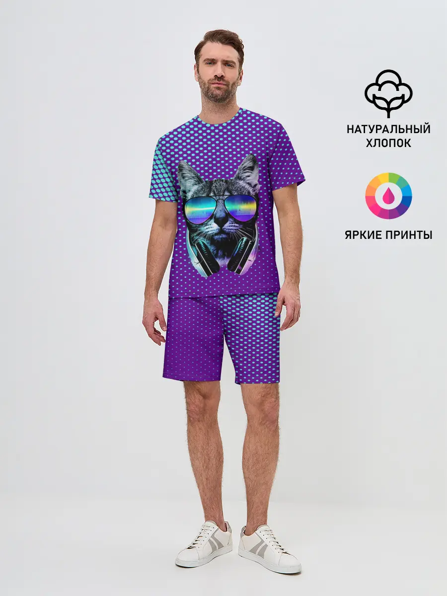 Мужской костюм с шортами / Кот очки наушники модный