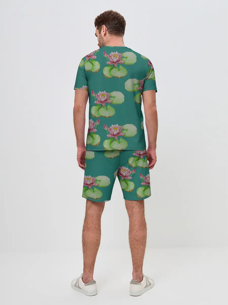 Мужской костюм с шортами / Лотосы на темно бирюзовом фоне