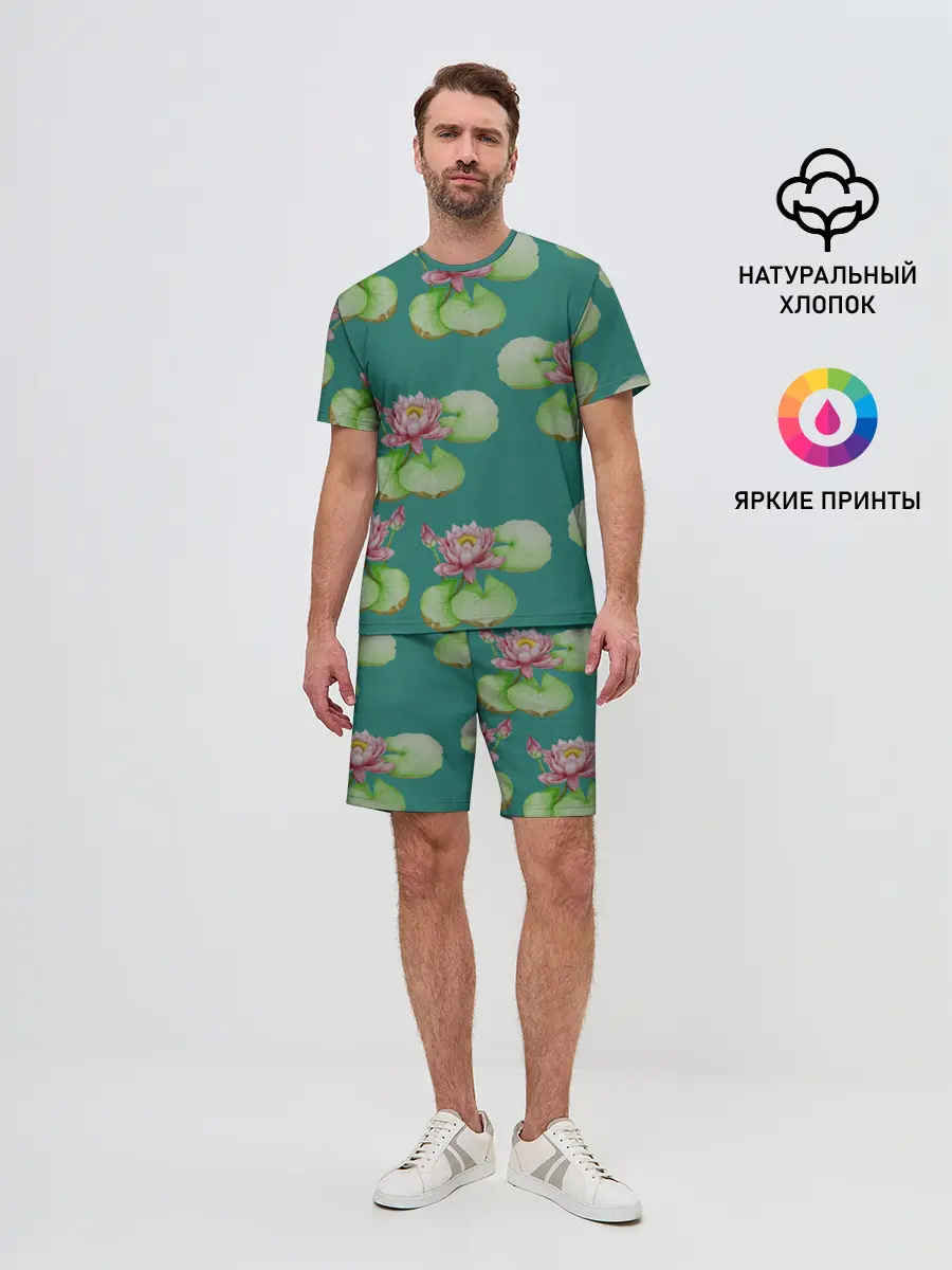 Мужской костюм с шортами / Лотосы на темно бирюзовом фоне