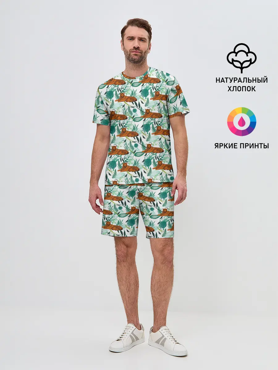 Мужской костюм с шортами / Цветы и Тигр Паттерн