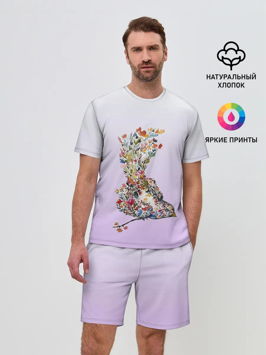 Мужской костюм с шортами / акварельная птичка