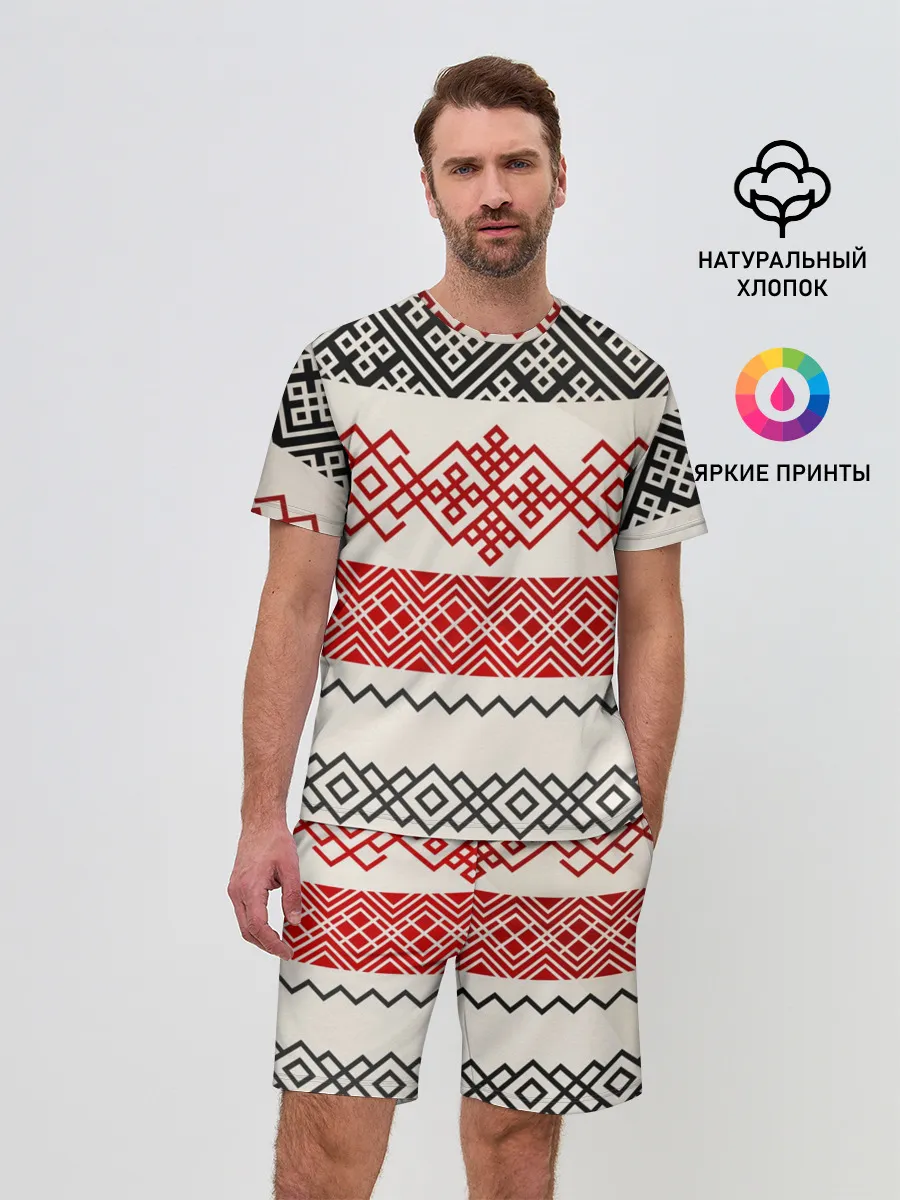Мужской костюм с шортами / Славянский узор красно-черный
