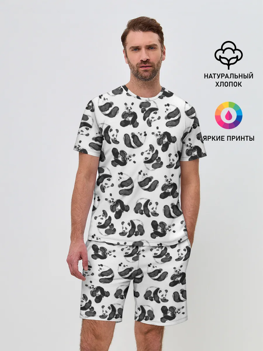 Мужской костюм с шортами / Акварельные панды паттерн