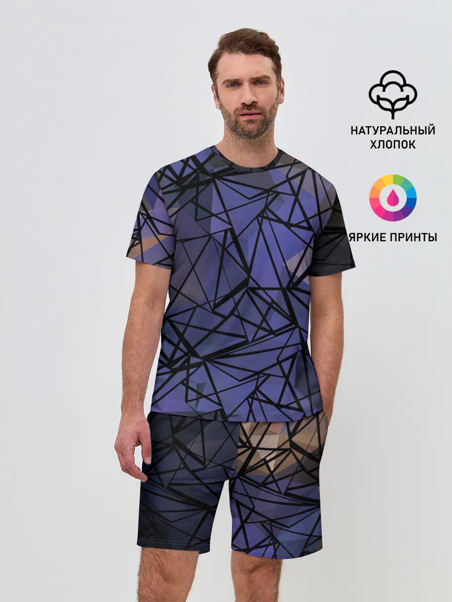 Мужской костюм с шортами / Синий-бежевый абстрактный узор