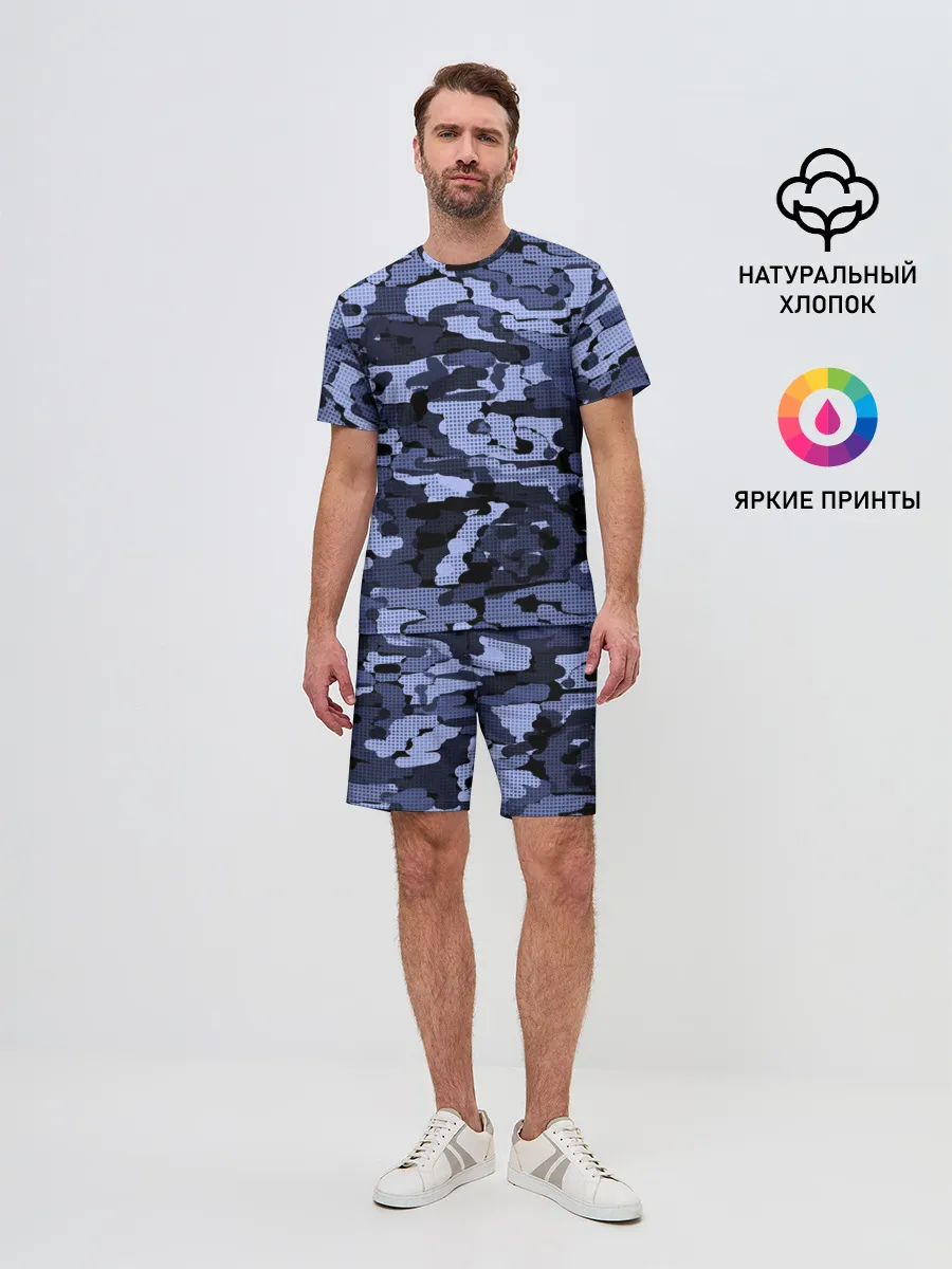 Мужской костюм с шортами / Синий камуфляж в клетку