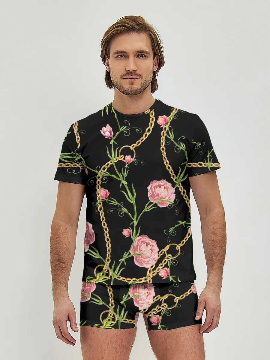 Мужские трусы с футболкой / Золотая цепь и розы