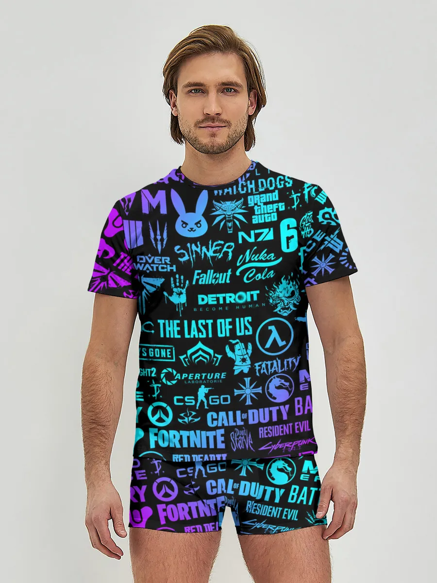 Мужские трусы с футболкой / ЛОГОТИПЫ ИГР НЕОН / NEON GAMES LOGO
