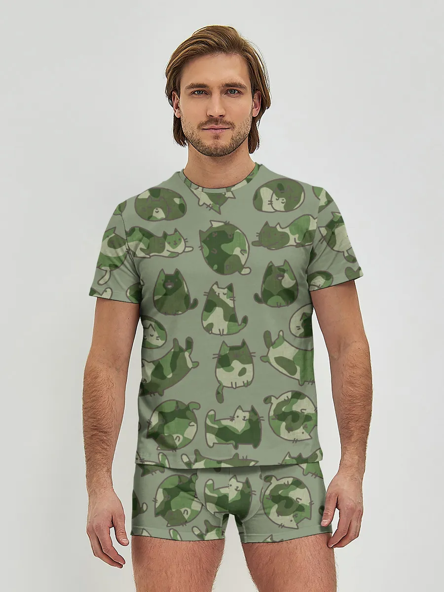Мужские трусы с футболкой / Камуфляж с котиками