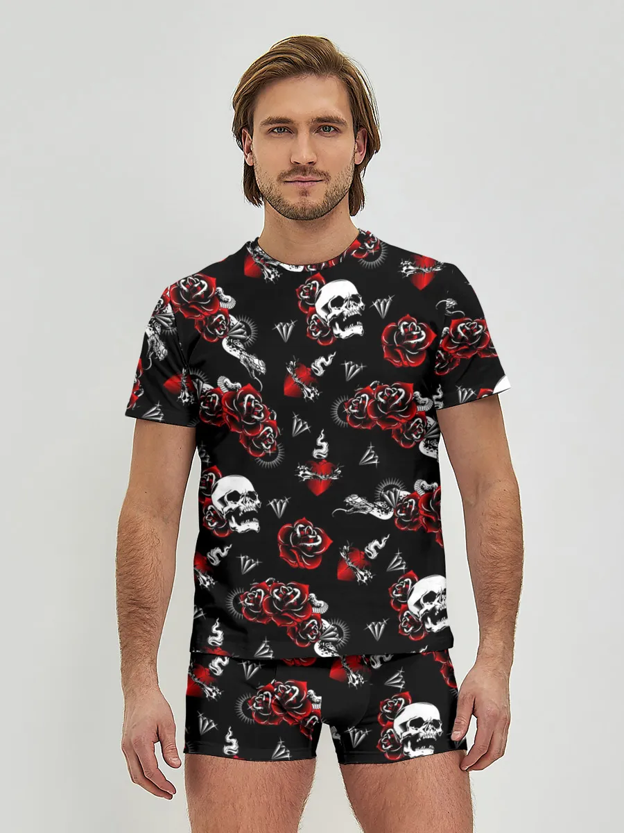 Мужские трусы с футболкой / Черепа и розы