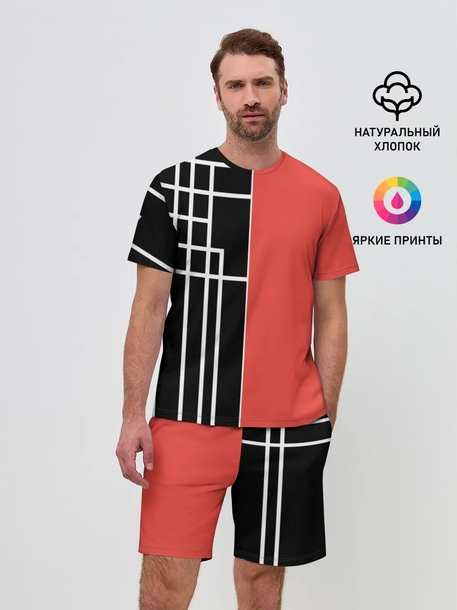 Мужской костюм с шортами / Черный и коралловый арт деко