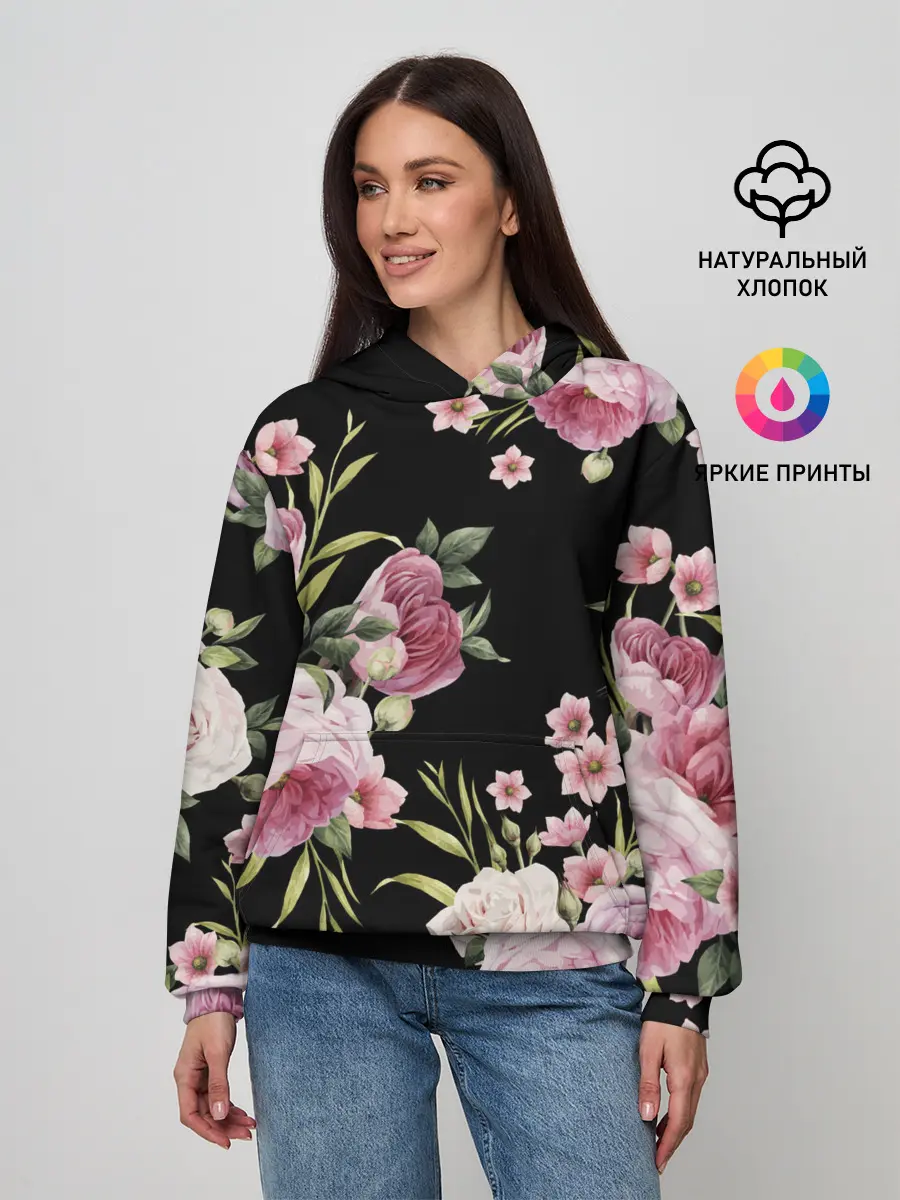 Женское худи / Пионы на Чёрном
