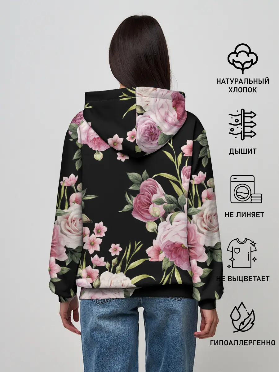 Женское худи / Пионы на Чёрном