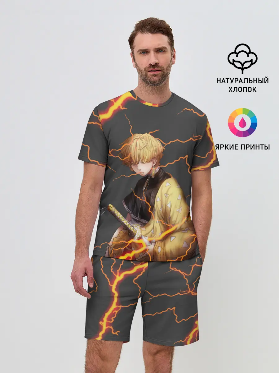 Мужской костюм с шортами / KIMETSU NO YAIBA оранжевые молнии