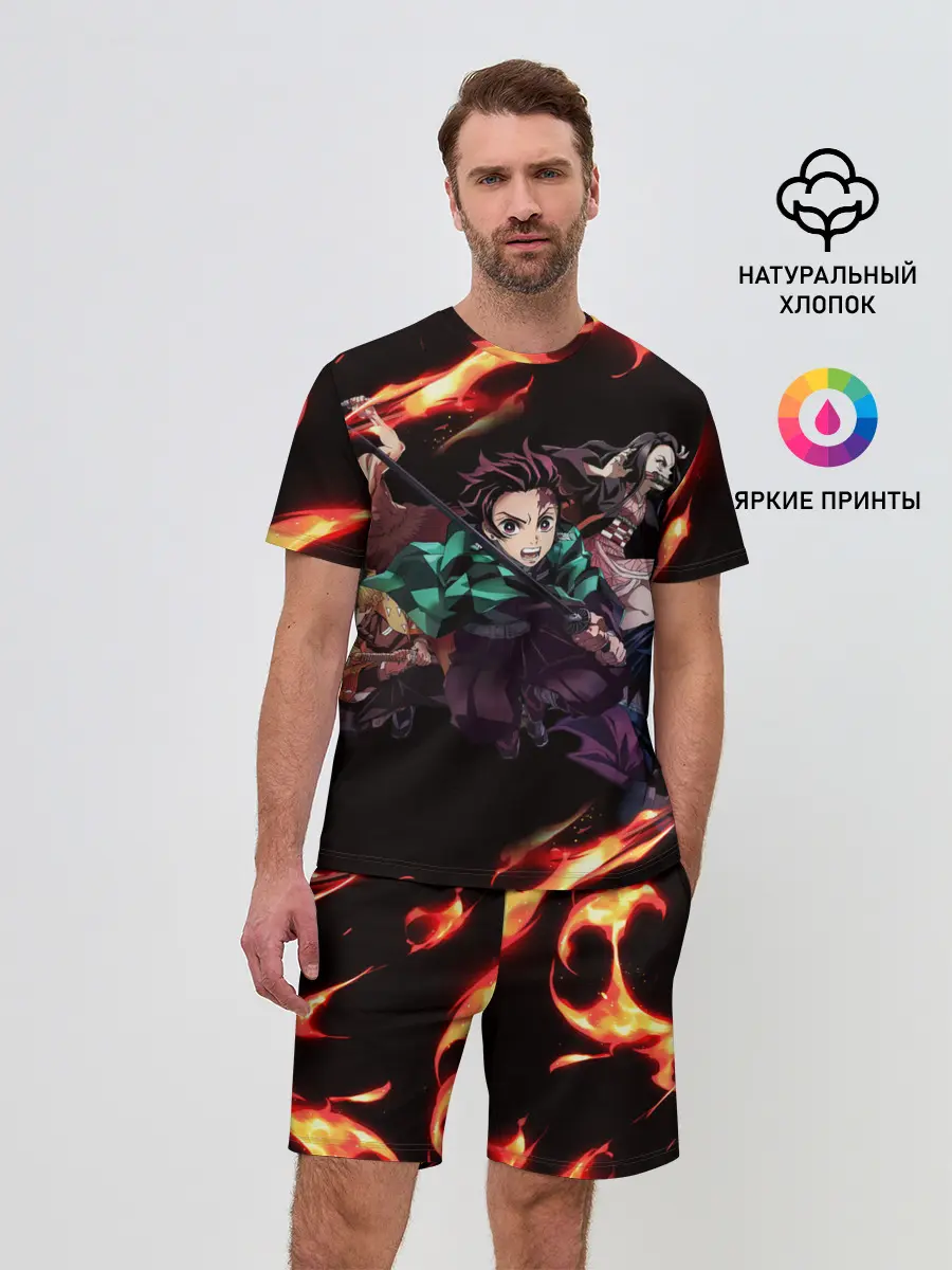 Мужской костюм с шортами / Kimetsu no Yaiba пламенный узор