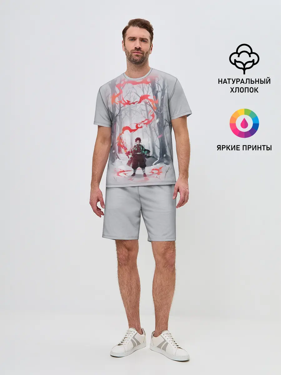 Мужской костюм с шортами / KIMETSU NO YAIBA красный след