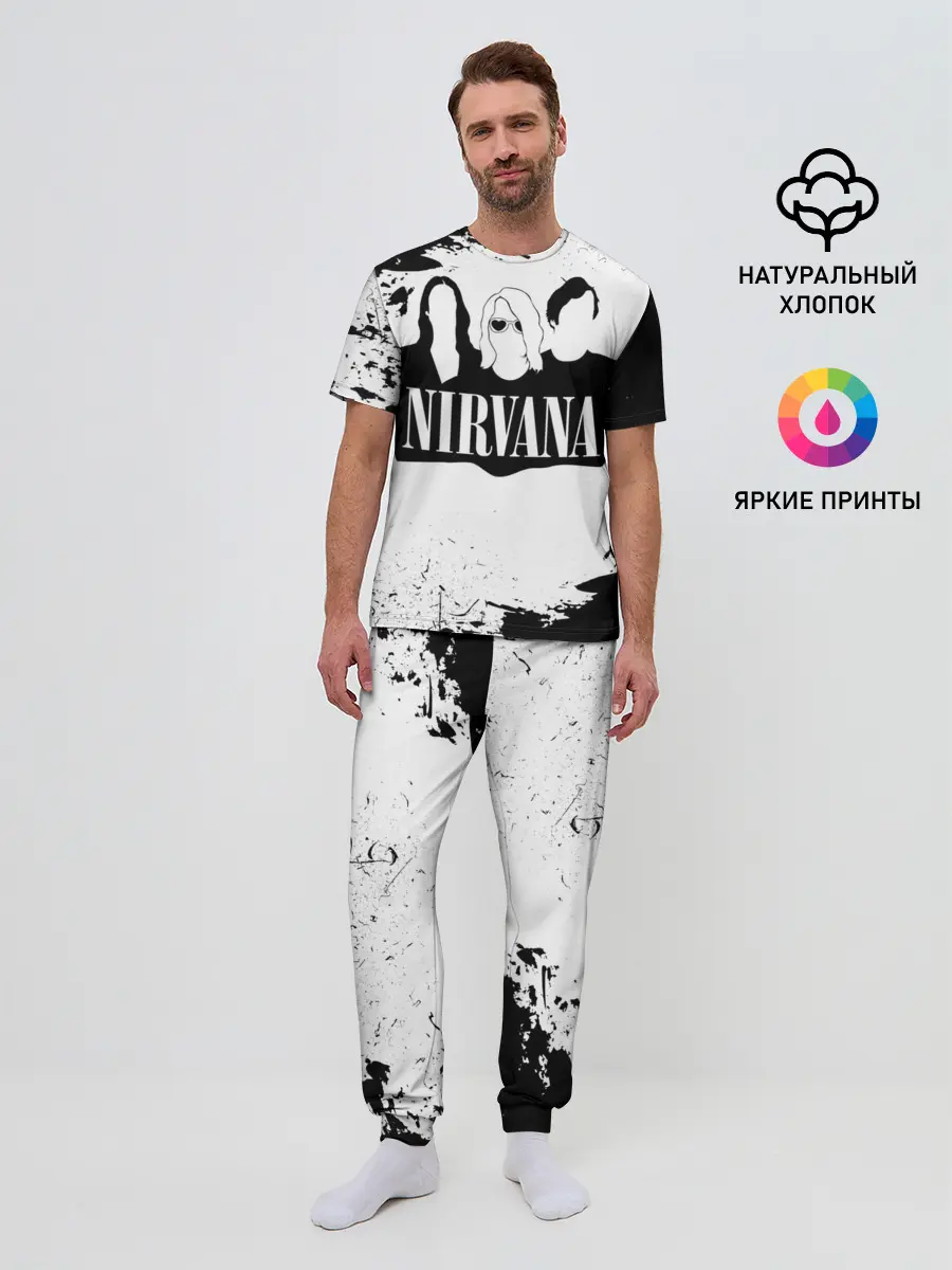 Мужская пижама с брюками / Нирвана Рок Группа Гранж ЧБ | Nirvana
