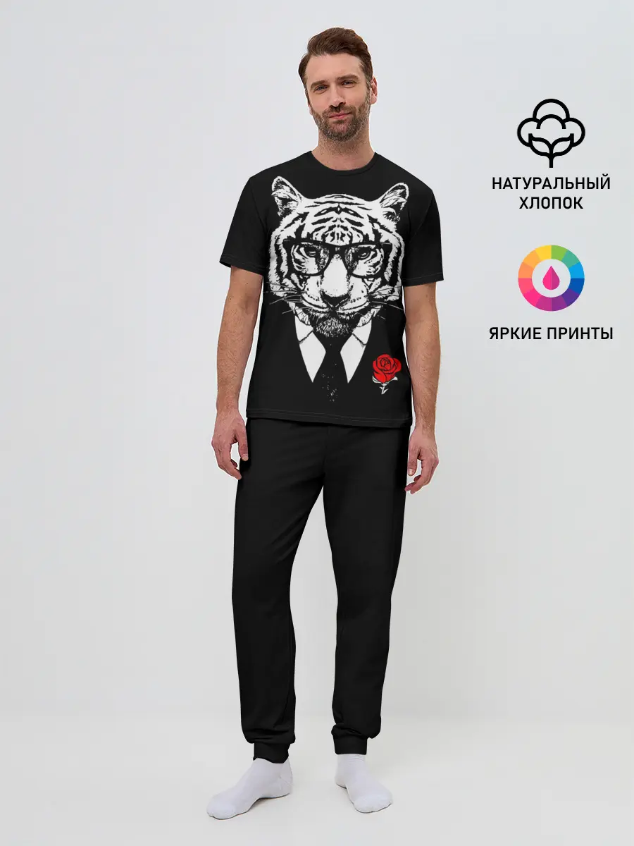 Мужская пижама с брюками / Тигр с красной розой