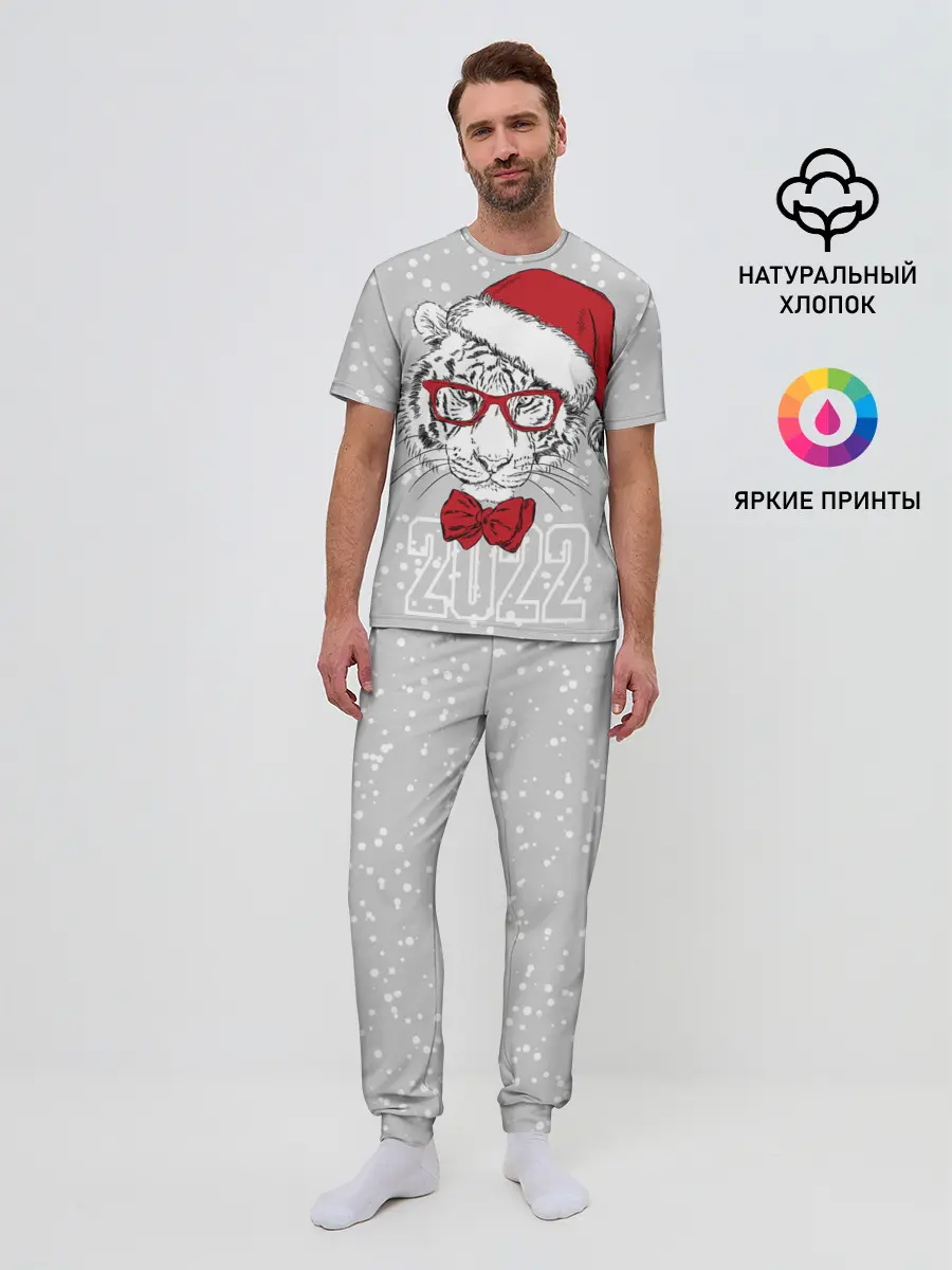 Мужская пижама с брюками / Белый тигр в шапке Санты