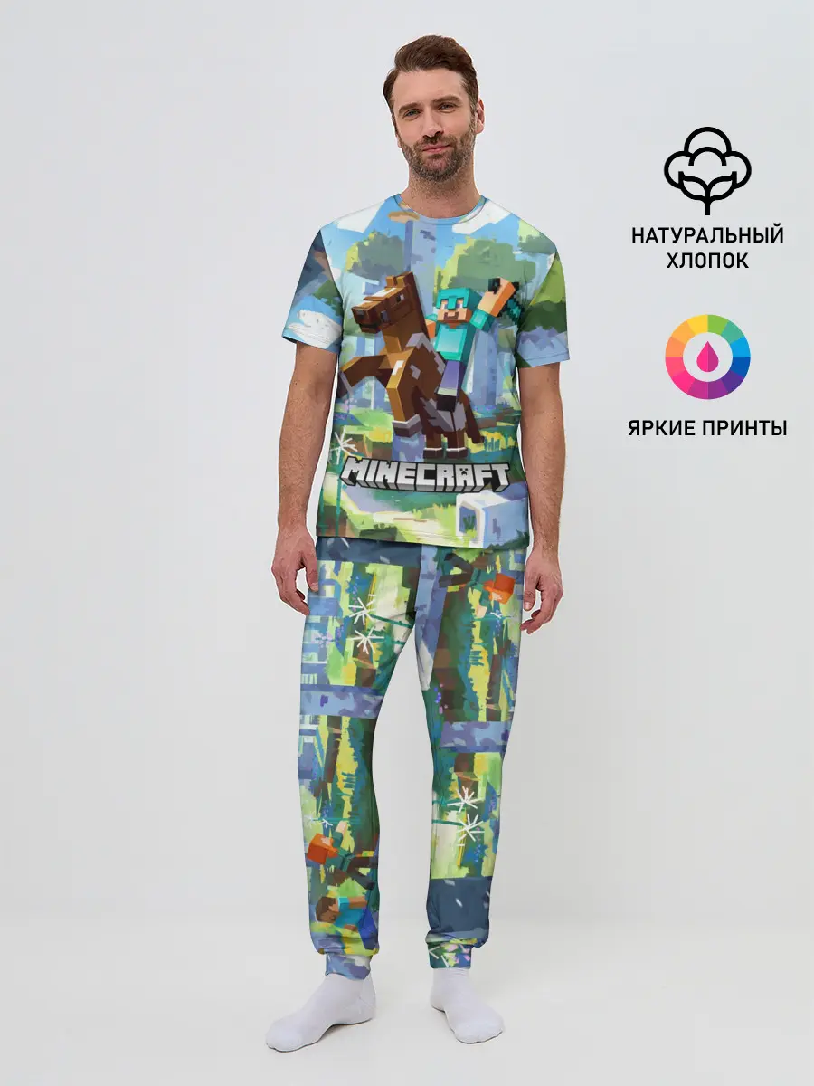Мужская пижама с брюками / Майнкрафт на коне в березовом лесу