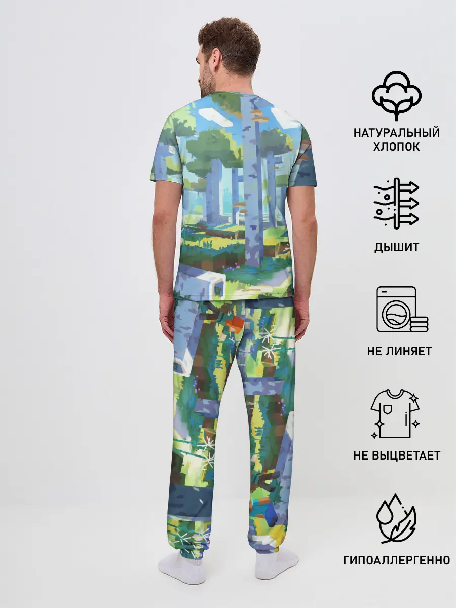 Мужская пижама с брюками / Майнкрафт на коне в березовом лесу