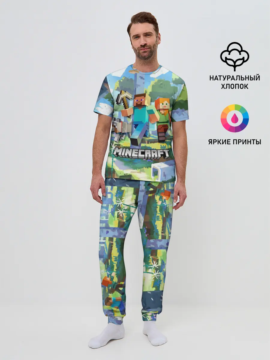 Мужская пижама с брюками / Манйкрафт, березовый лес