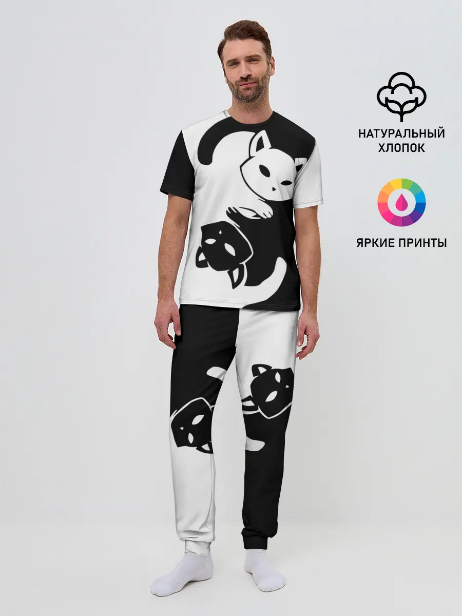Мужская пижама с брюками / Черный и белый кот кувыркаются.