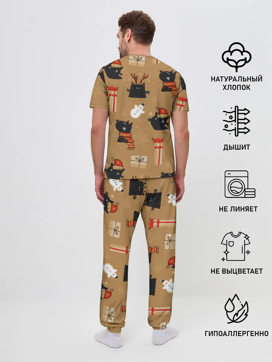 Мужская пижама с брюками / Черные новогодние коты