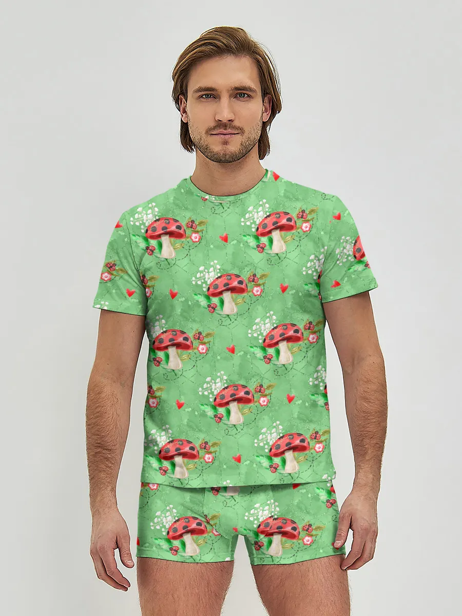 Мужские трусы с футболкой / Грибы Мухоморы паттерн