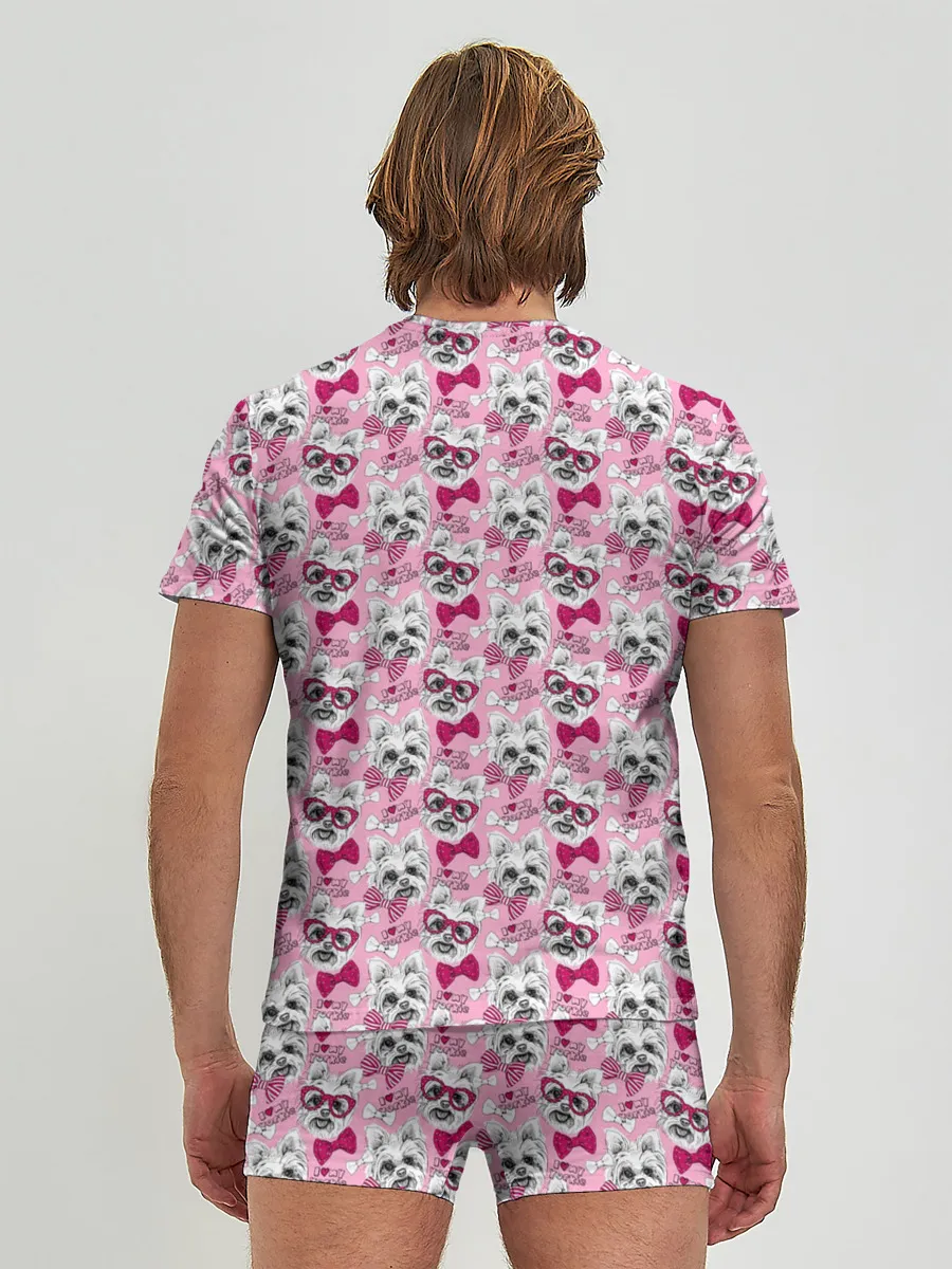 Мужские трусы с футболкой / Йоркширский Терьер на Розовом Фоне