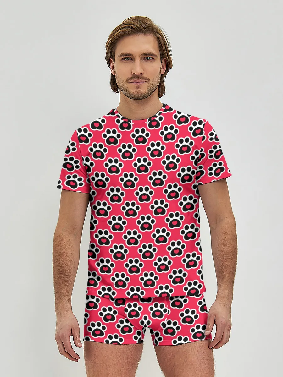 Мужские трусы с футболкой / Следы от Лап с Сердечками