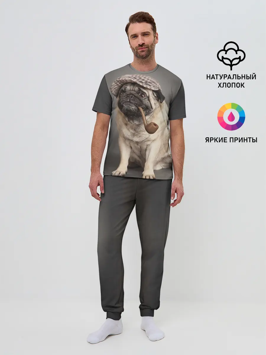 Мужская пижама с брюками / Мопс в кепке