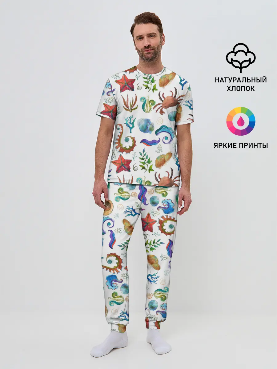 Мужская пижама с брюками / Морской паттерн с крабами и водорослями