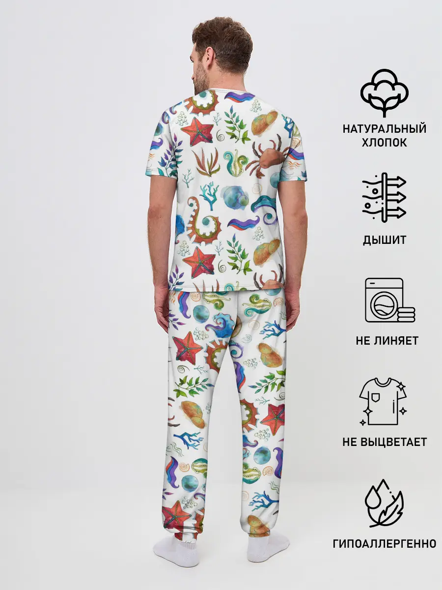 Мужская пижама с брюками / Морской паттерн с крабами и водорослями