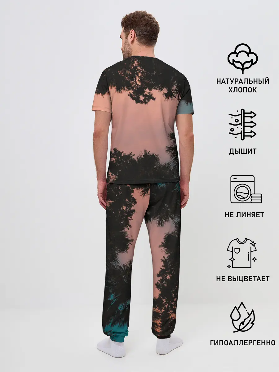 Мужская пижама с брюками / Пальмы вид снизу закат