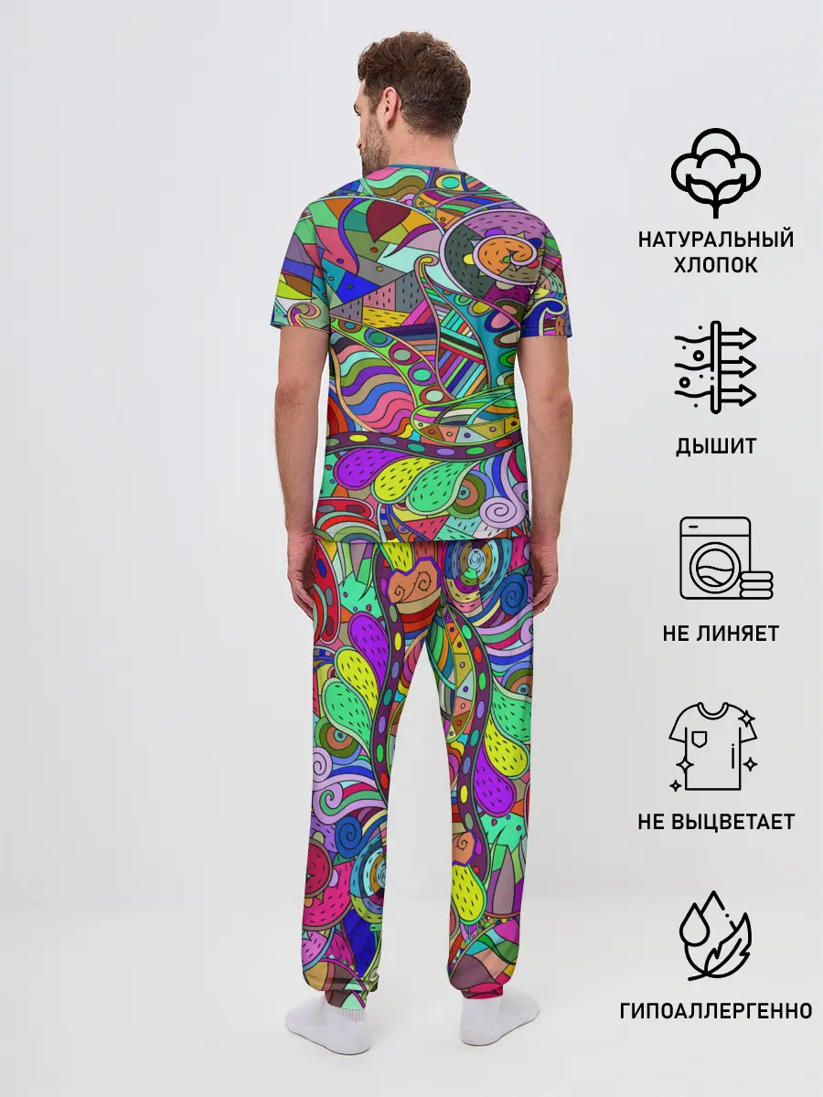 Мужская пижама с брюками / Дудлы узор разноцветный хиппи