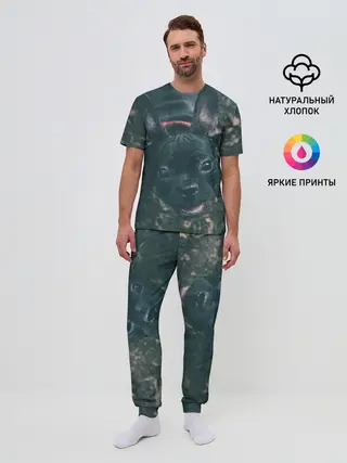 Мужская пижама с брюками / Бульдог морда собакена черного