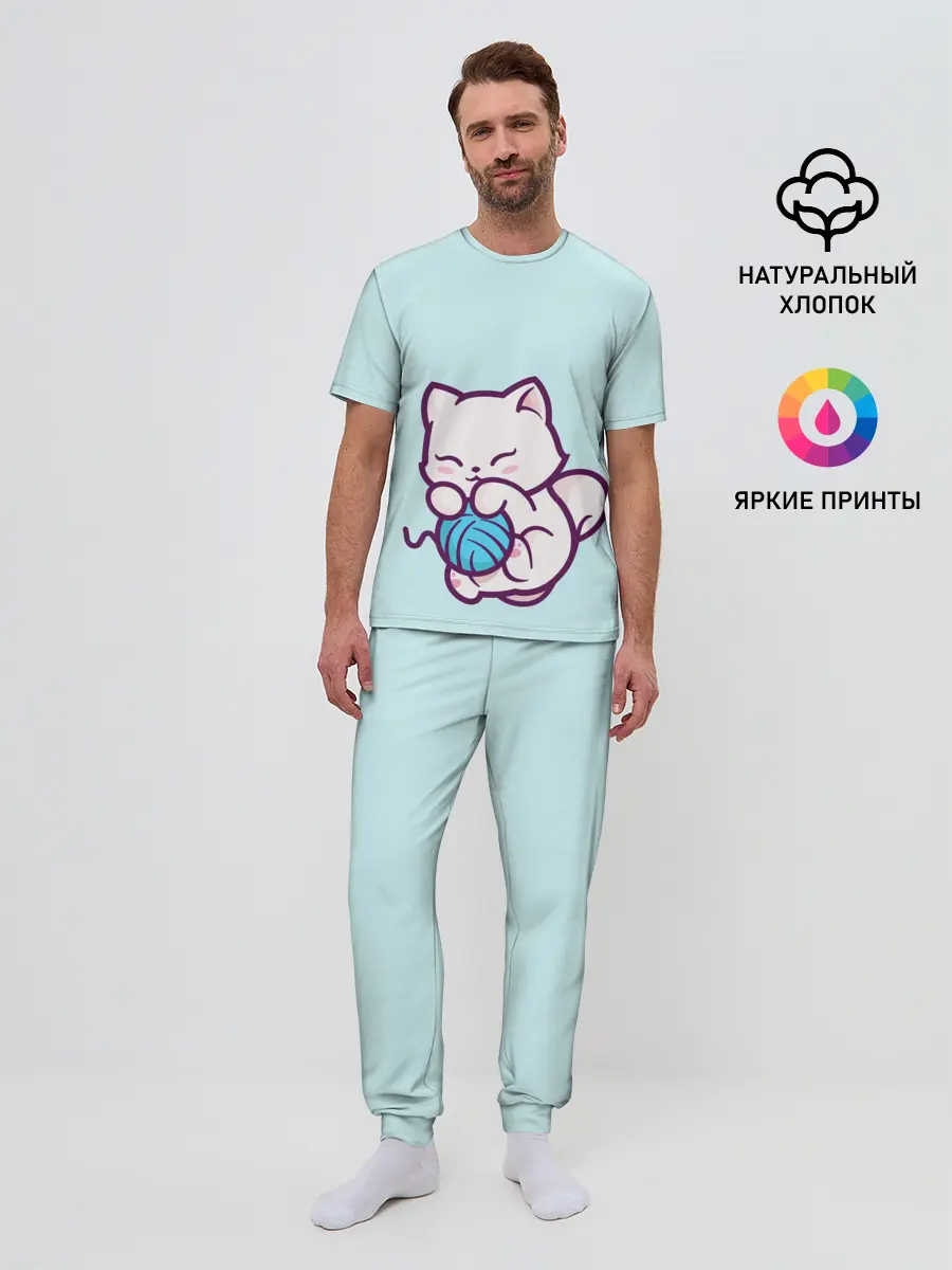 Мужская пижама с брюками / Белый котенок с клубком милый
