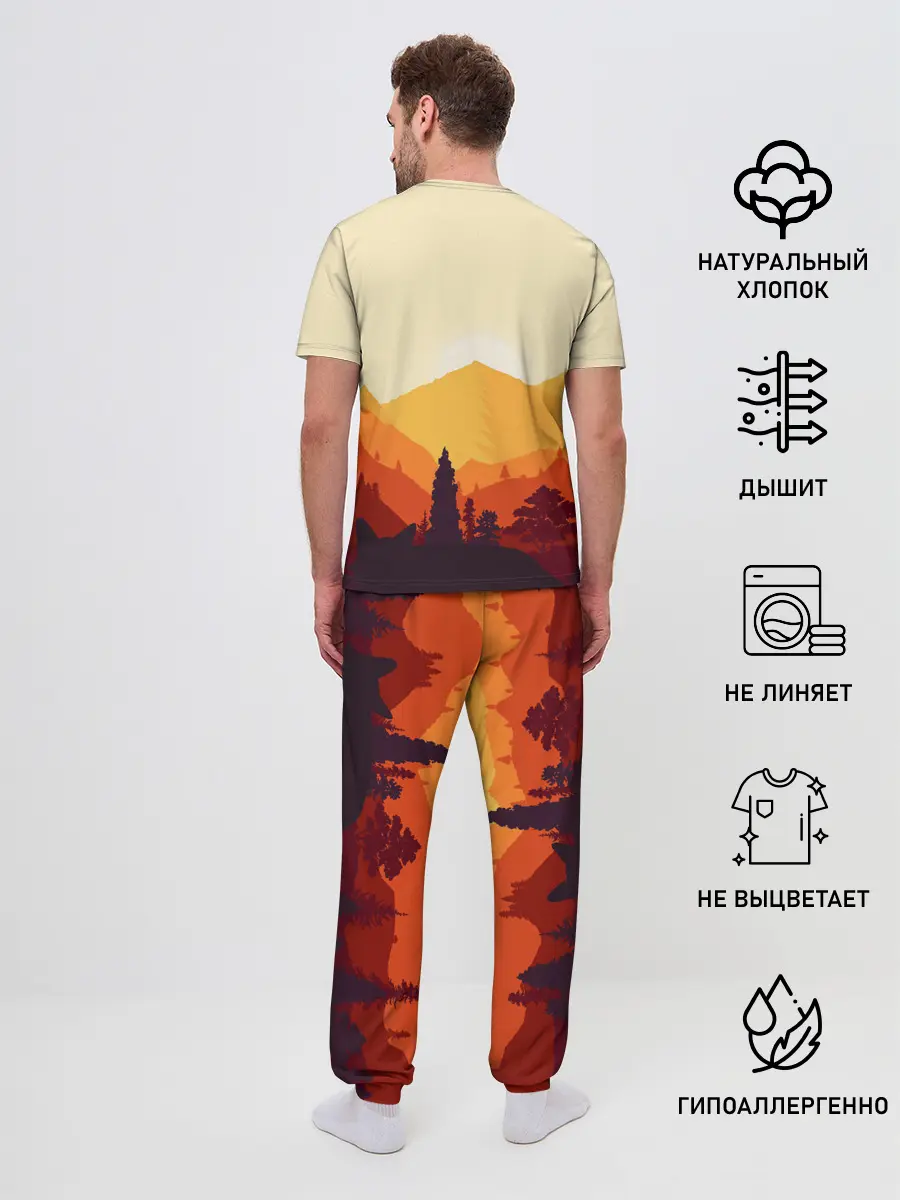 Мужская пижама с брюками / Горы закат пейзаж лиса арт