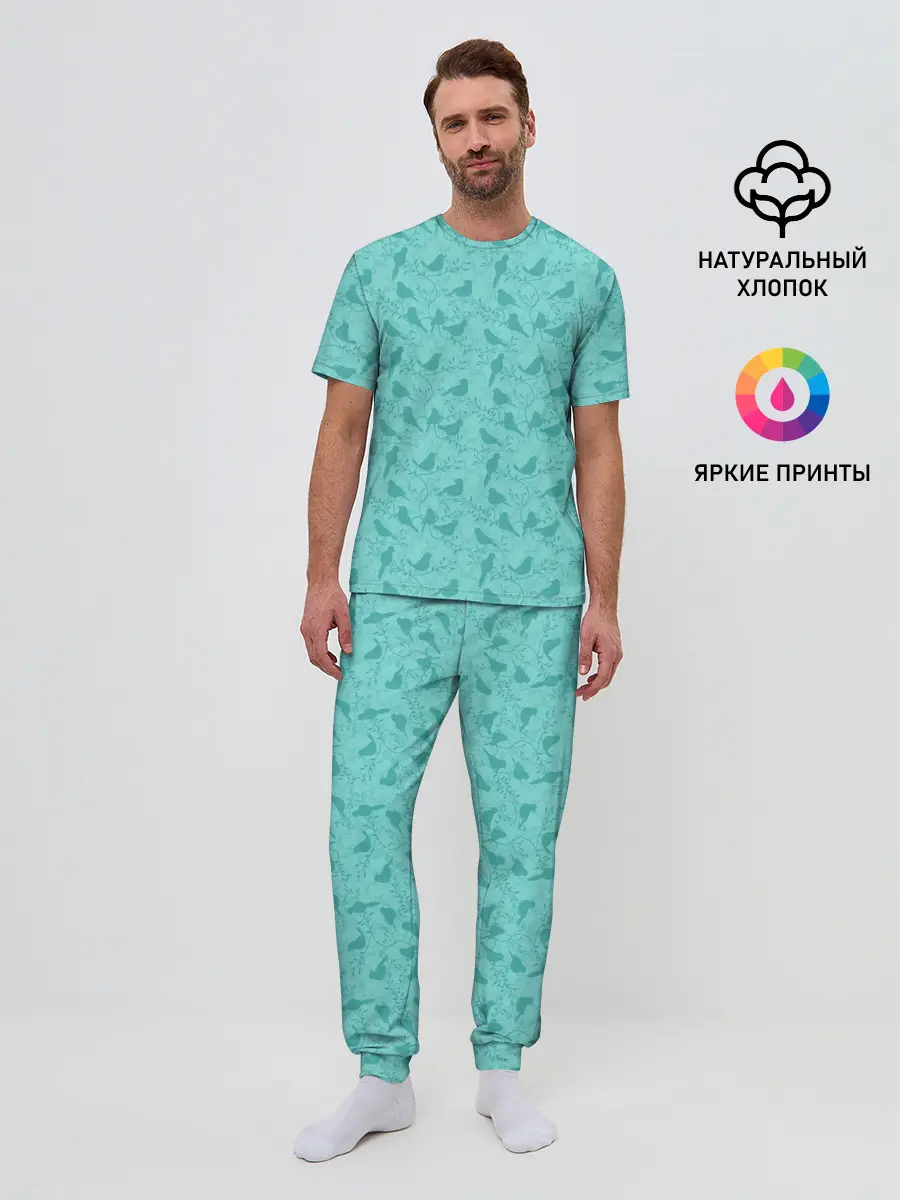 Мужская пижама с брюками / Зеленые птицы летний узор