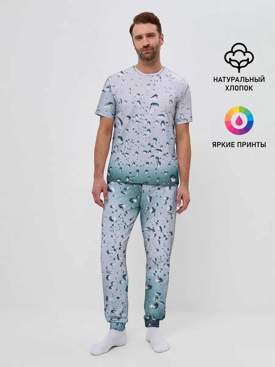 Мужская пижама с брюками / Капли окно стекло дождь серо
