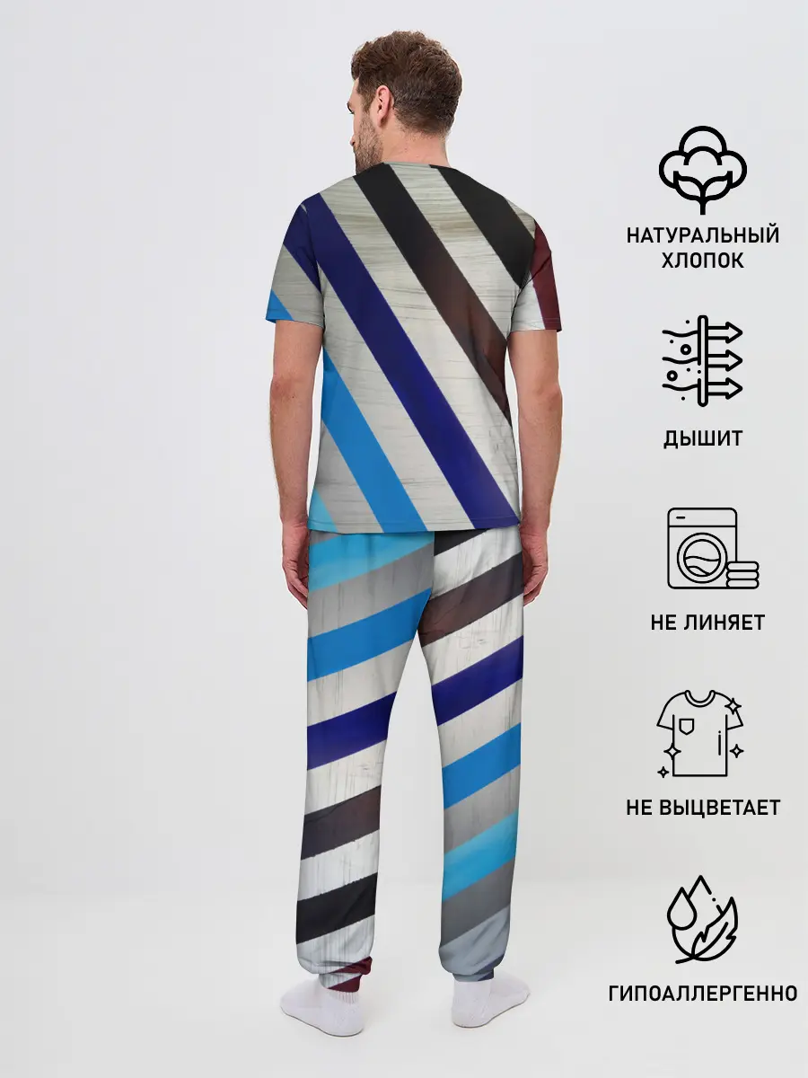Мужская пижама с брюками / Косые линии полосы крупные