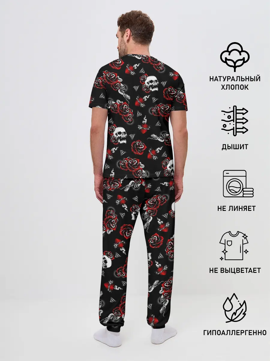 Мужская пижама с брюками / Черепа и розы