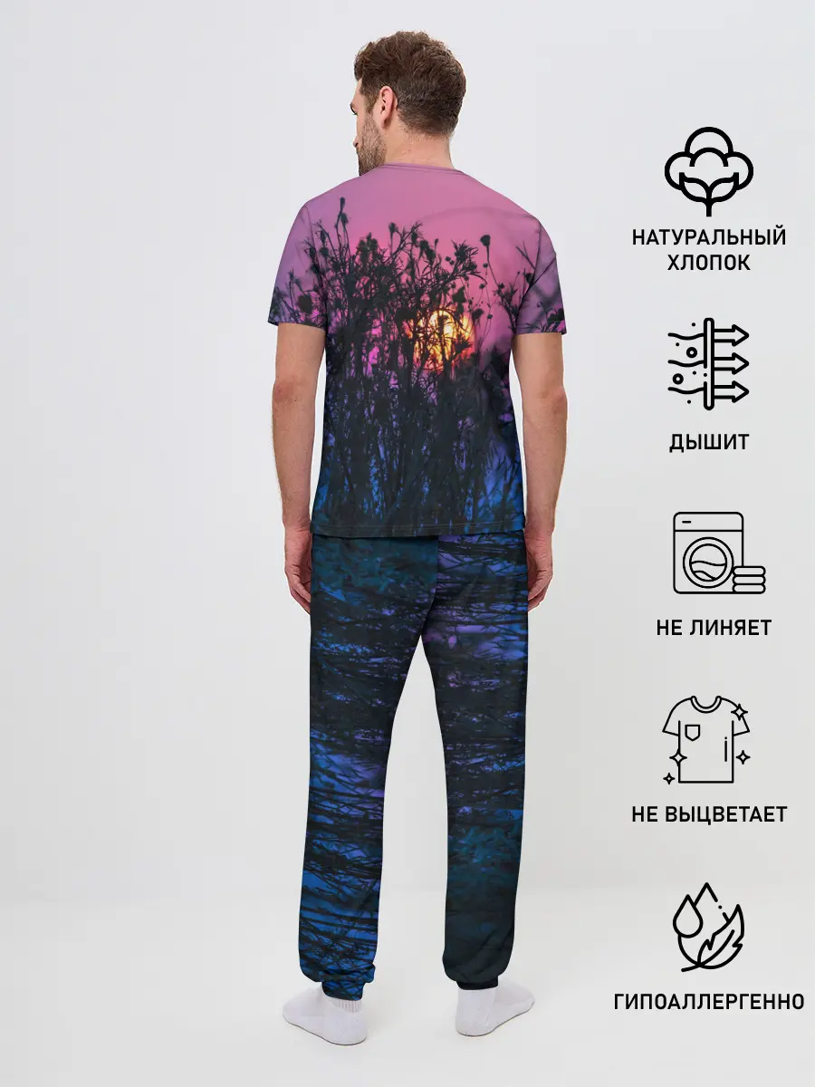 Мужская пижама с брюками / Трава растения закатный свет