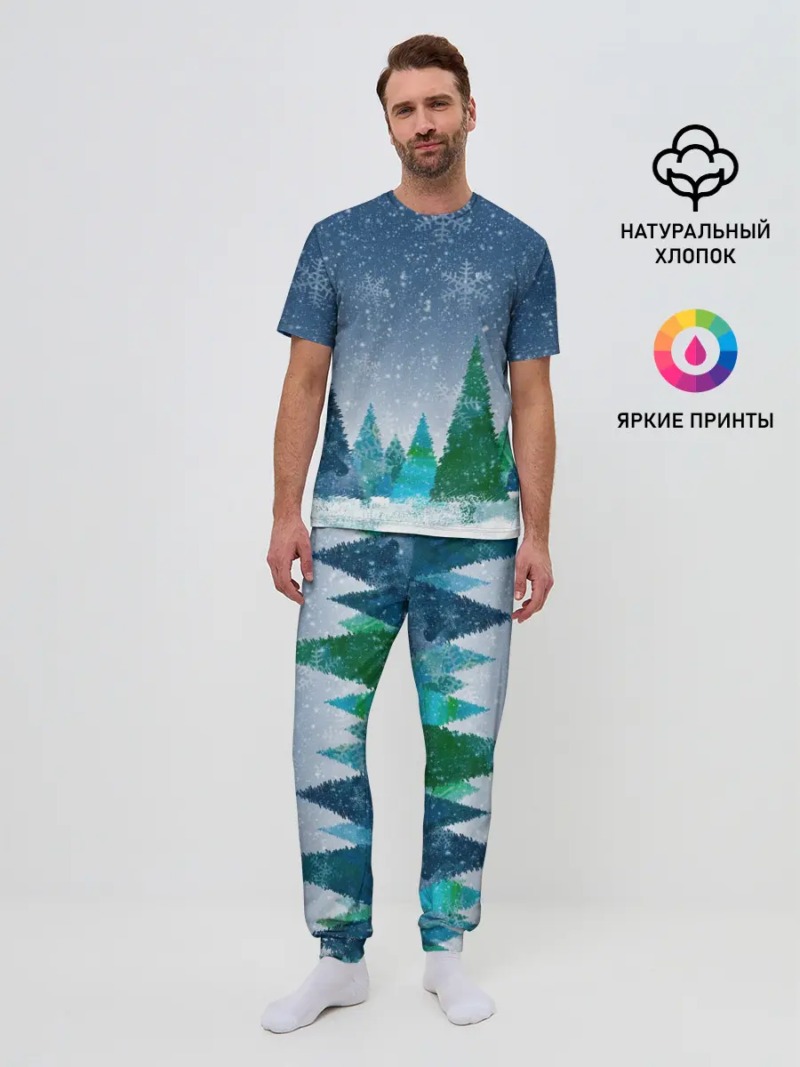 Мужская пижама с брюками / Снежинки в лесу