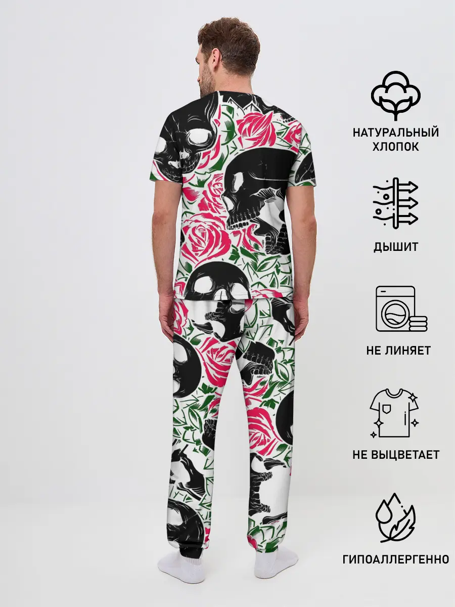 Мужская пижама с брюками / Череп, розы, цветы, зубы