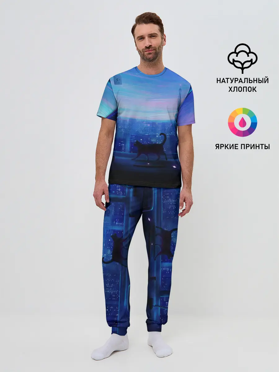 Мужская пижама с брюками / Кошка арт окно